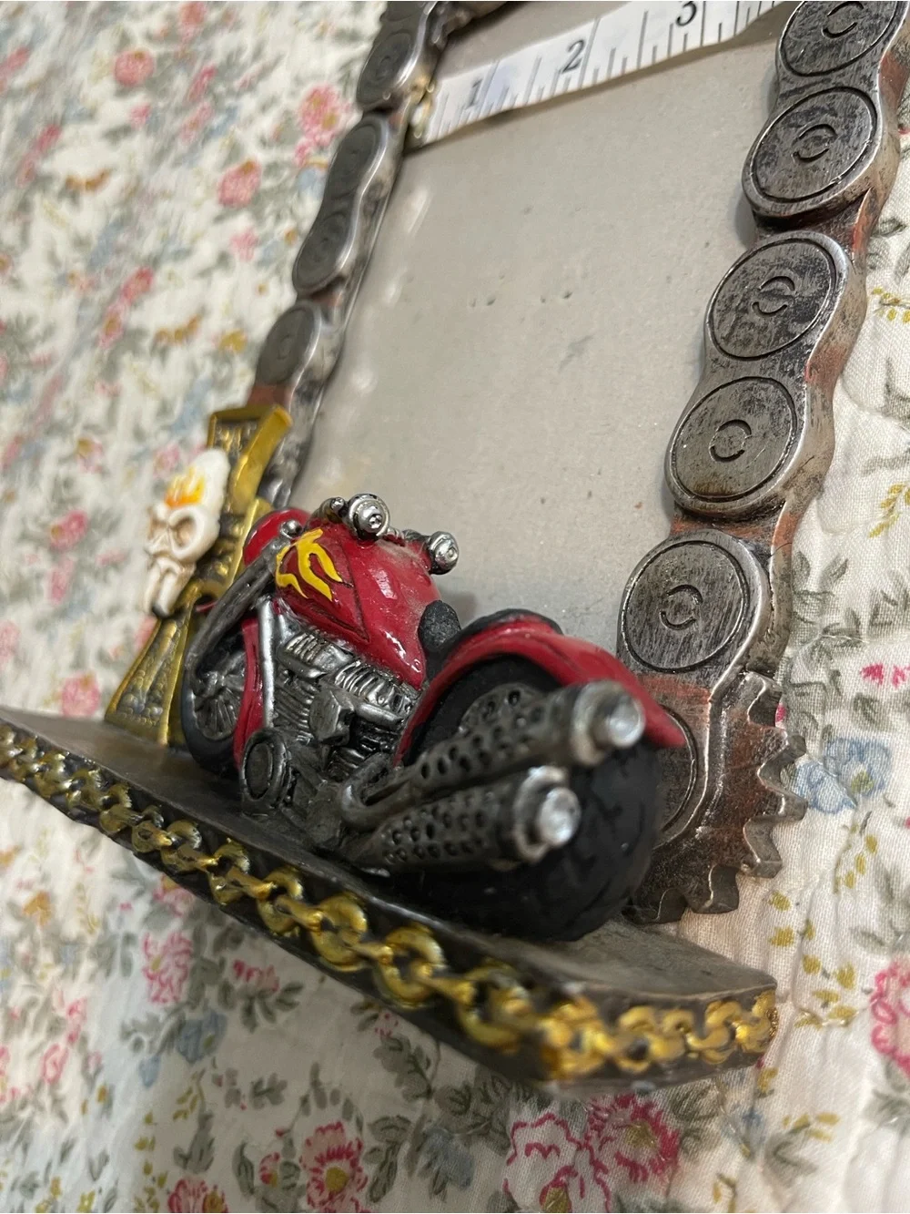 Motorcycle Picture Frame with cross and skull.      4”x6”